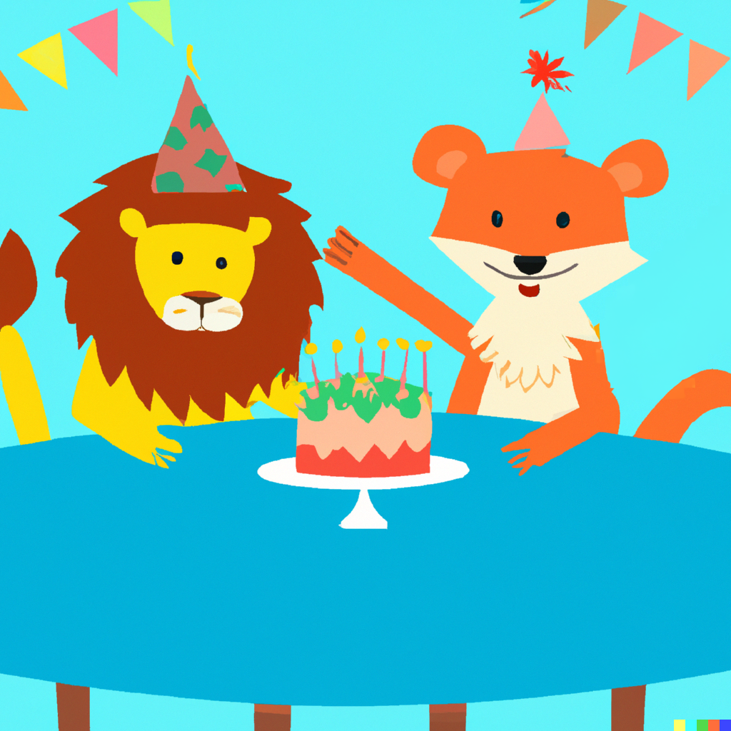 A birthday card illustration of a lion and a fox attending a birthday party seated at a table that has a birthday cake on it with a cerulean color background